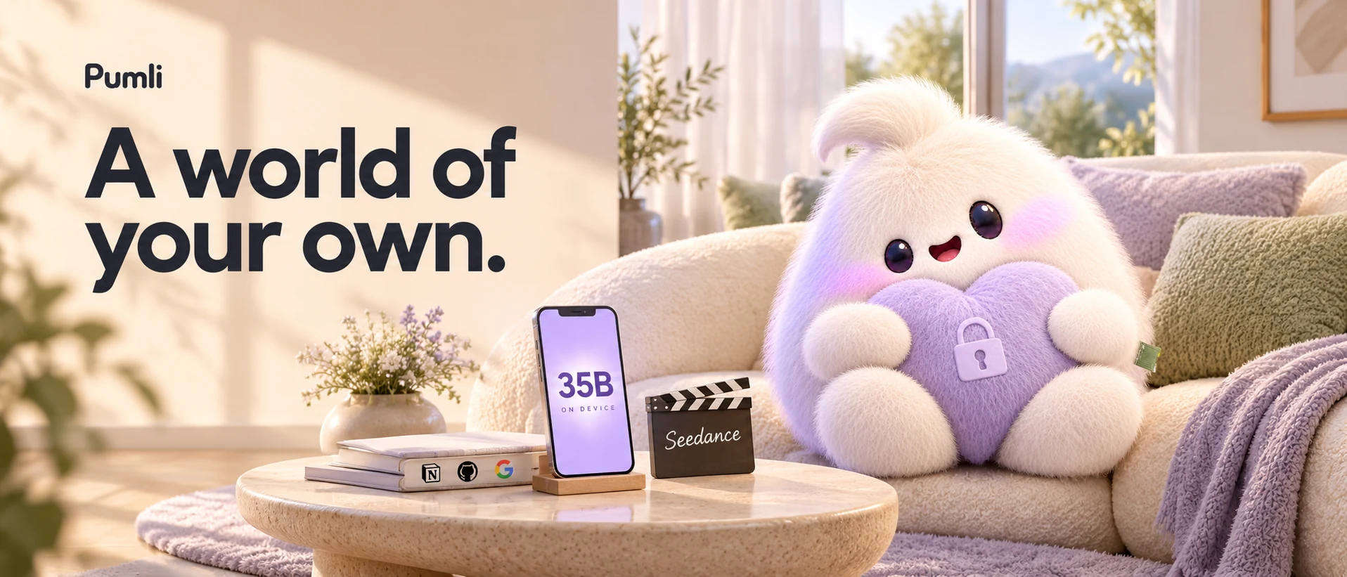 Pumli's fluffy companion in a sunlit room, holding a heart with a lock; a phone displays 35B on device, beside a Seedance clapper.