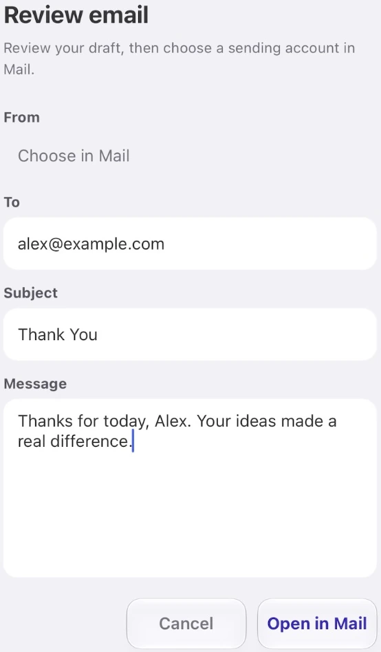 Actual Pumli email review screen with recipient, subject, editable message, Cancel and Open in Mail